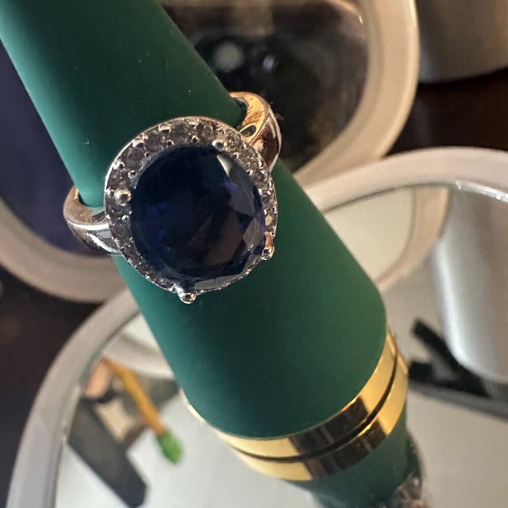Blue oval and clear CZ cocktail ring sz 9